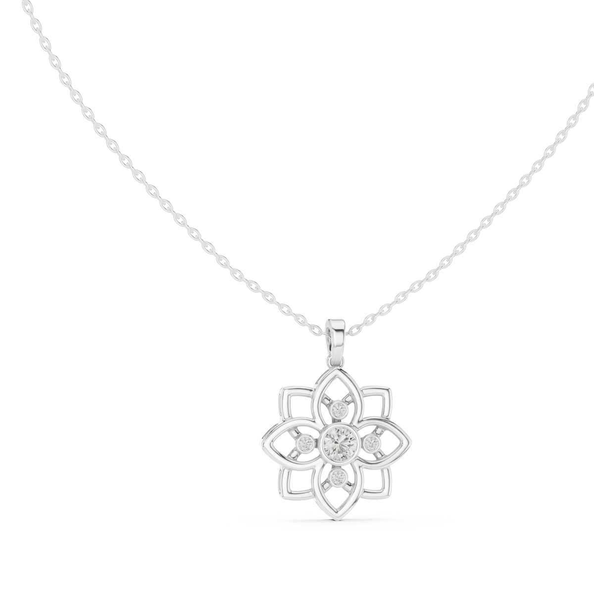 Floral Bezel Diamond Pendant with Lab-Grown Diamonds - White Gold