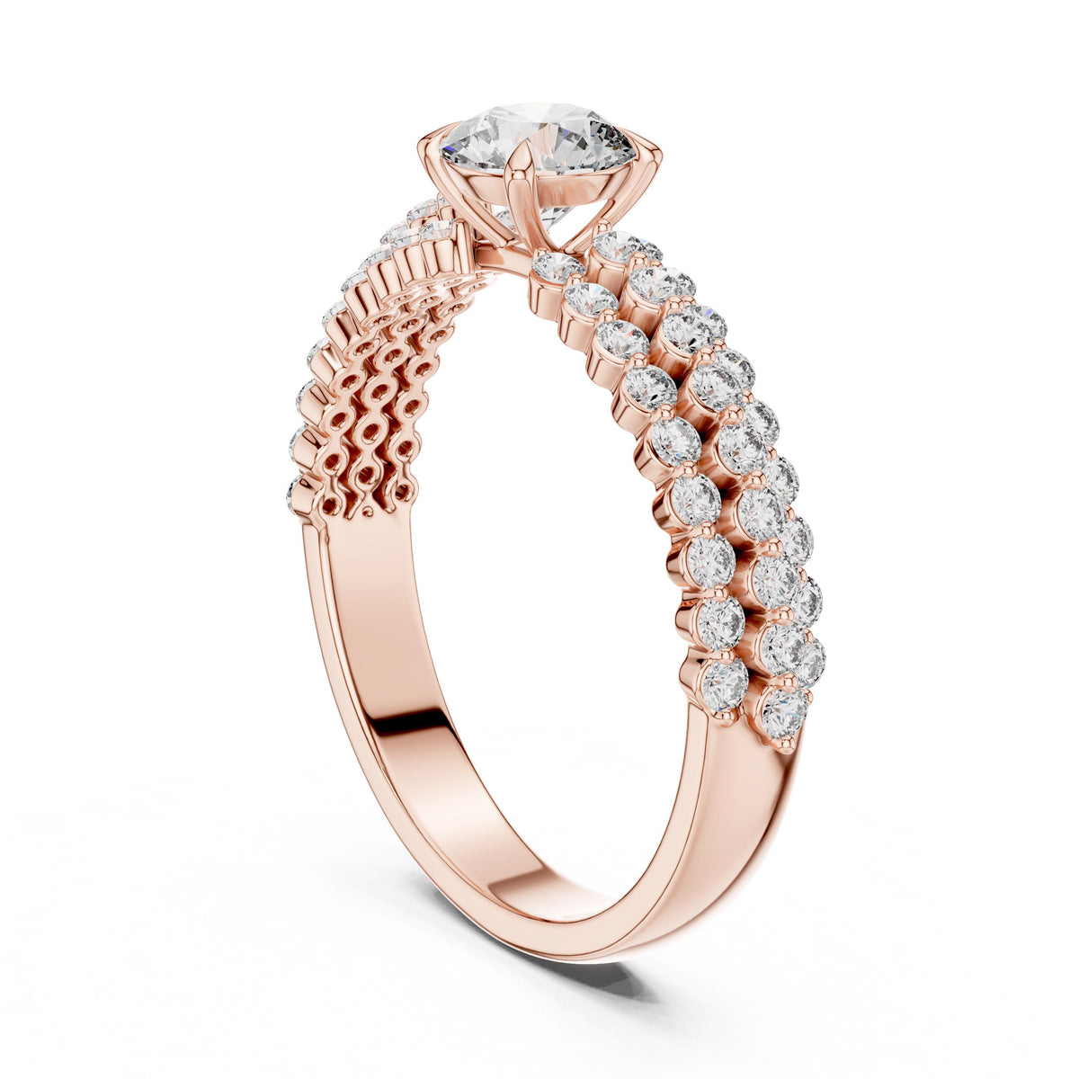 Three-Row Diamond Solitaire Ring with Lab-Grown Diamonds, 18K Gold, Rose Gold