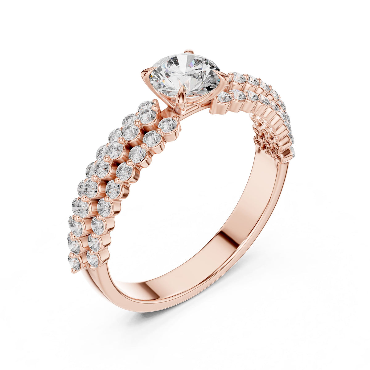 Three-Row Diamond Solitaire Ring with Lab-Grown Diamonds, 14K Gold, Rose Gold