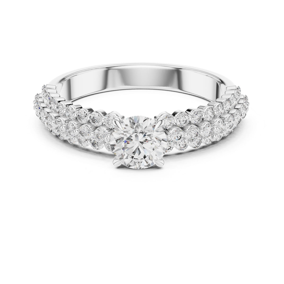 Three-Row Diamond Solitaire Ring with Lab-Grown Diamonds, Vermil – 925 Silver with 18K Gold Plating, White Gold