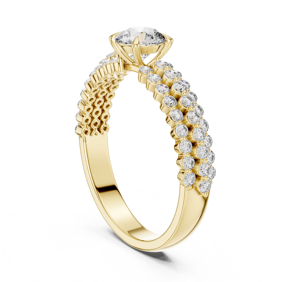 Three-Row Diamond Solitaire Ring with Lab-Grown Diamonds, 18K Gold, Yellow Gold