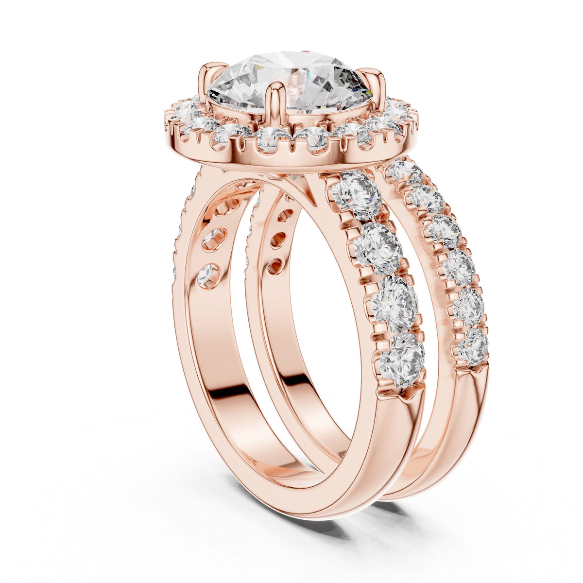 Three-Row Round Diamond Halo Ring with Lab-Grown Diamonds, 18K Gold, Rose Gold