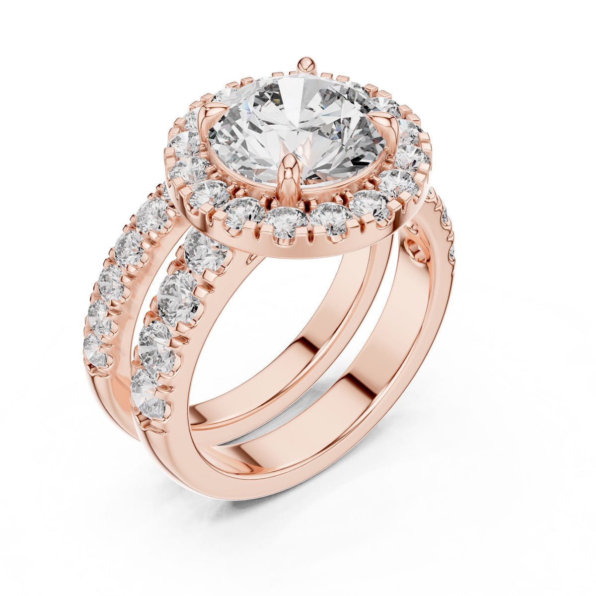 Three-Row Round Diamond Halo Ring with Lab-Grown Diamonds, 14K Gold, Rose Gold