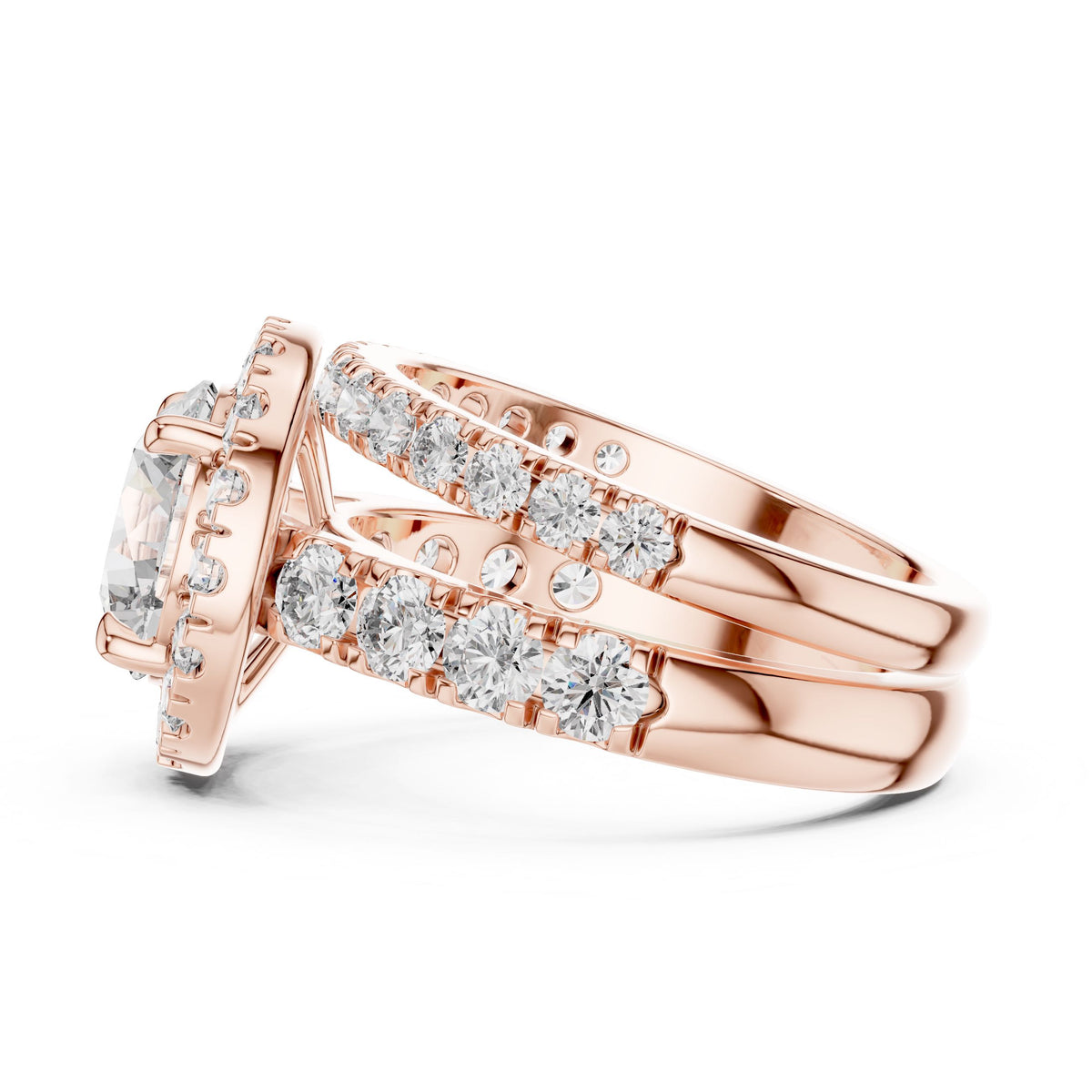 Three-Row Round Diamond Halo Ring with Lab-Grown Diamonds, 10K Gold, Rose Gold