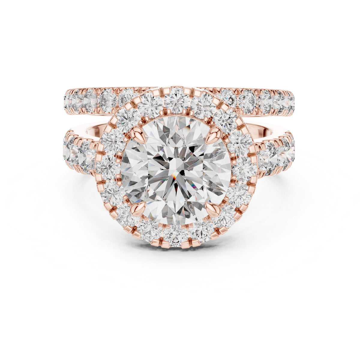 Three-Row Round Diamond Halo Ring with Lab-Grown Diamonds, Vermil – 925 Silver with 18K Gold Plating, Rose Gold