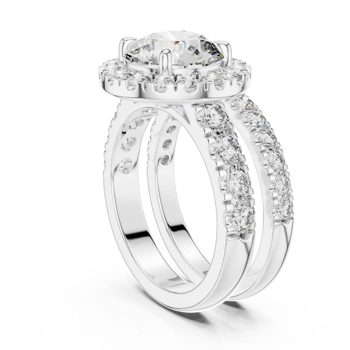 Three-Row Round Diamond Halo Ring with Lab-Grown Diamonds, 18K Gold, White Gold