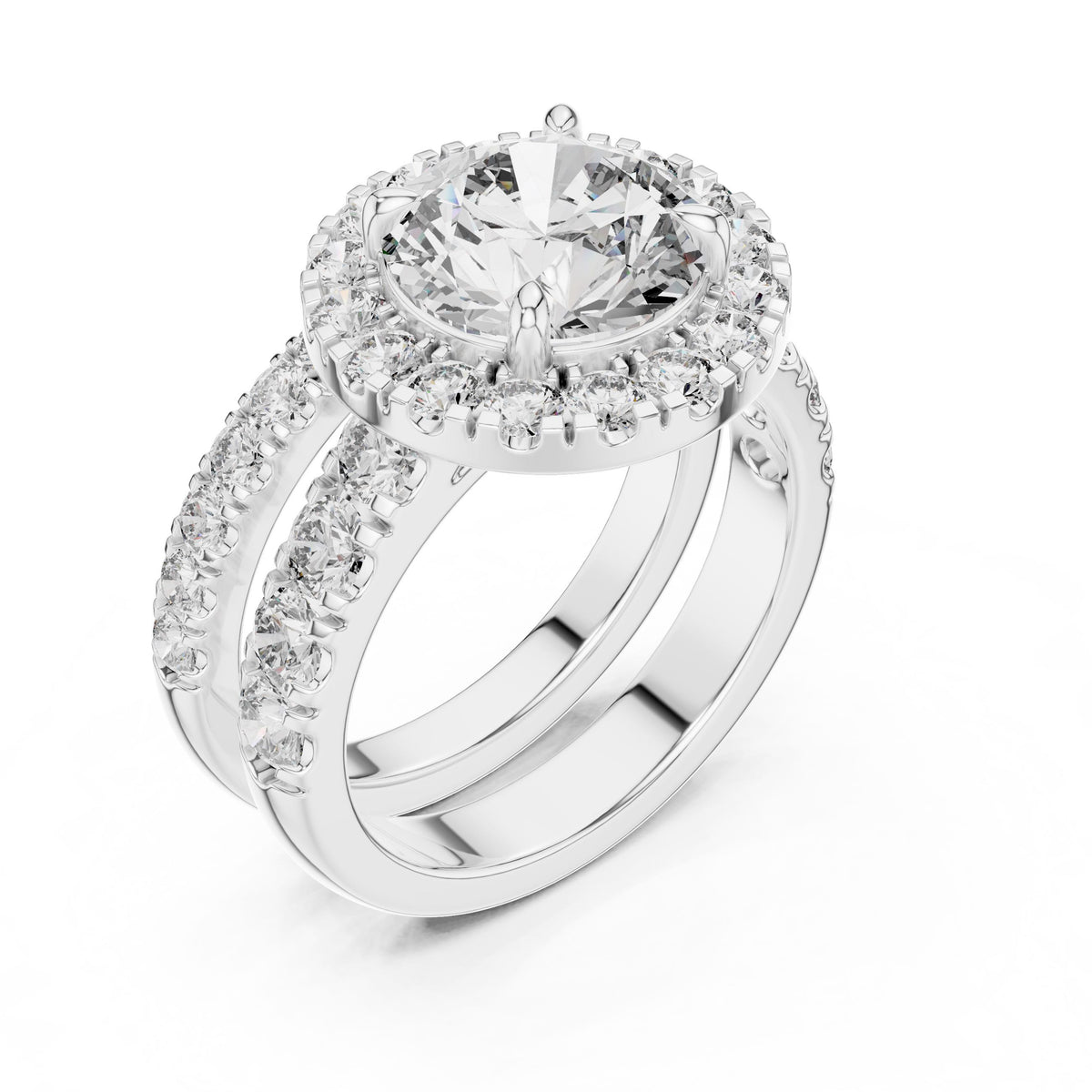 Three-Row Round Diamond Halo Ring with Lab-Grown Diamonds, 14K Gold, White Gold