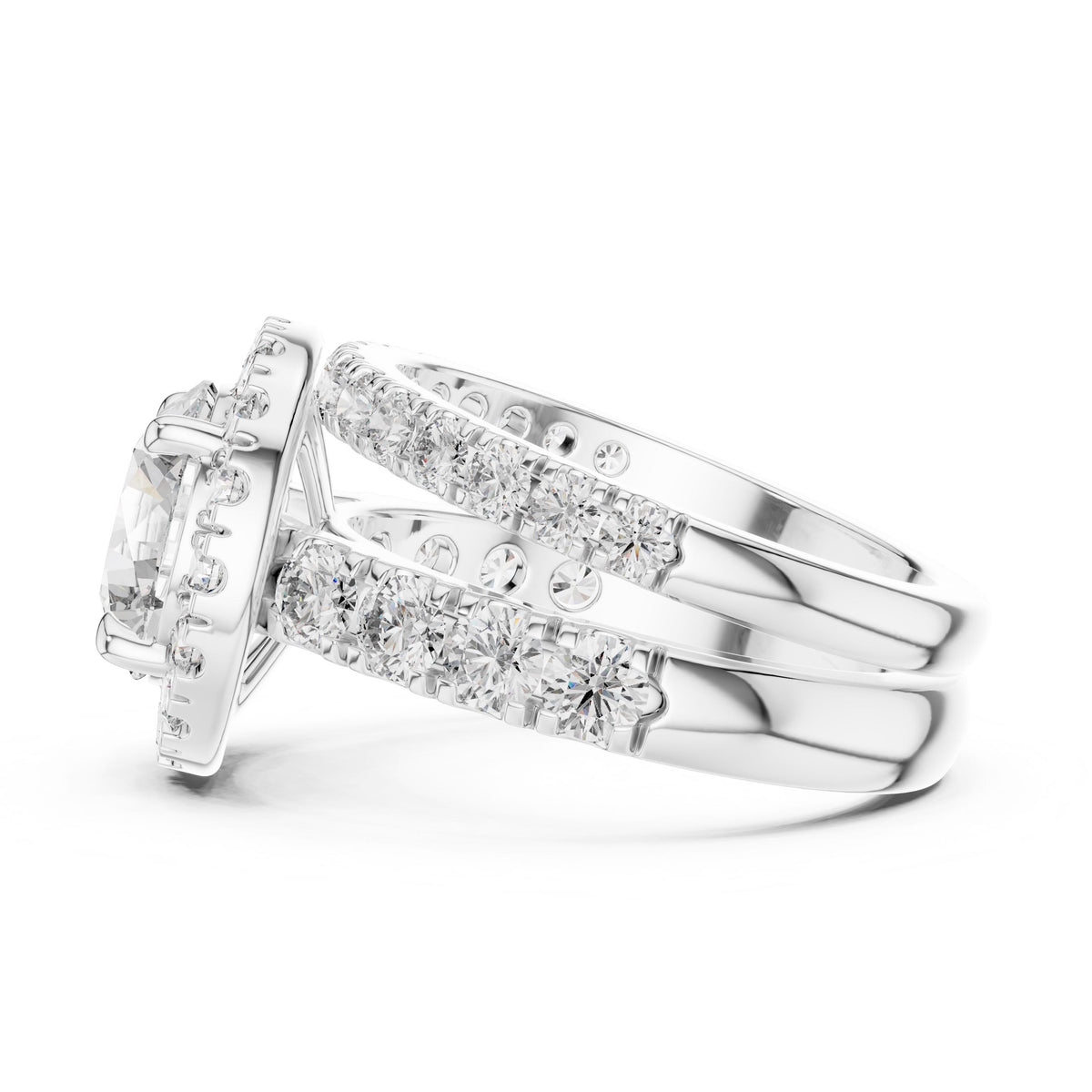 Three-Row Round Diamond Halo Ring with Lab-Grown Diamonds, 10K Gold, White Gold