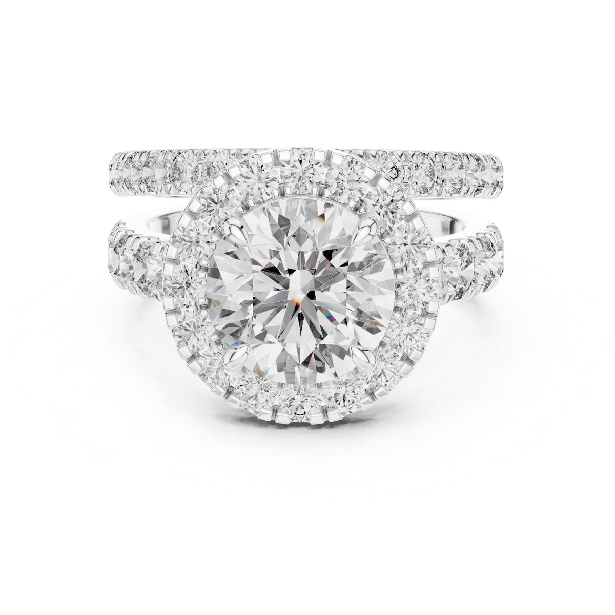 Three-Row Round Diamond Halo Ring with Lab-Grown Diamonds, Vermil – 925 Silver with 18K Gold Plating, White Gold
