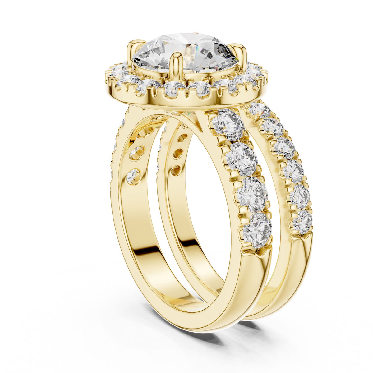 Three-Row Round Diamond Halo Ring with Lab-Grown Diamonds, 18K Gold, Yellow Gold