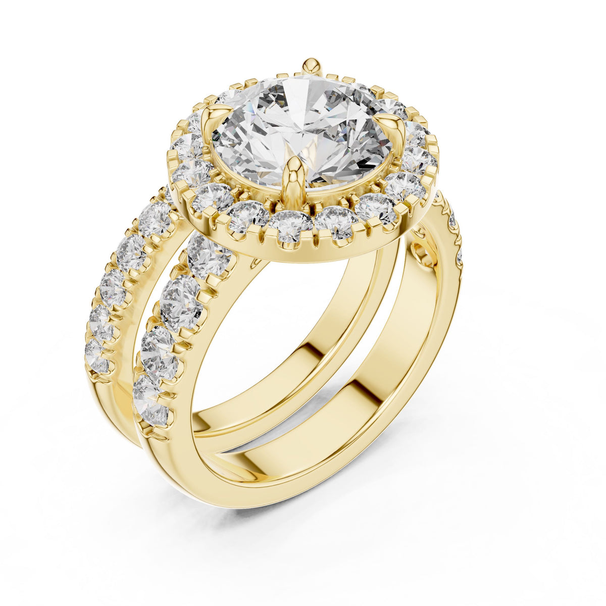 Three-Row Round Diamond Halo Ring with Lab-Grown Diamonds, 14K Gold, Yellow Gold