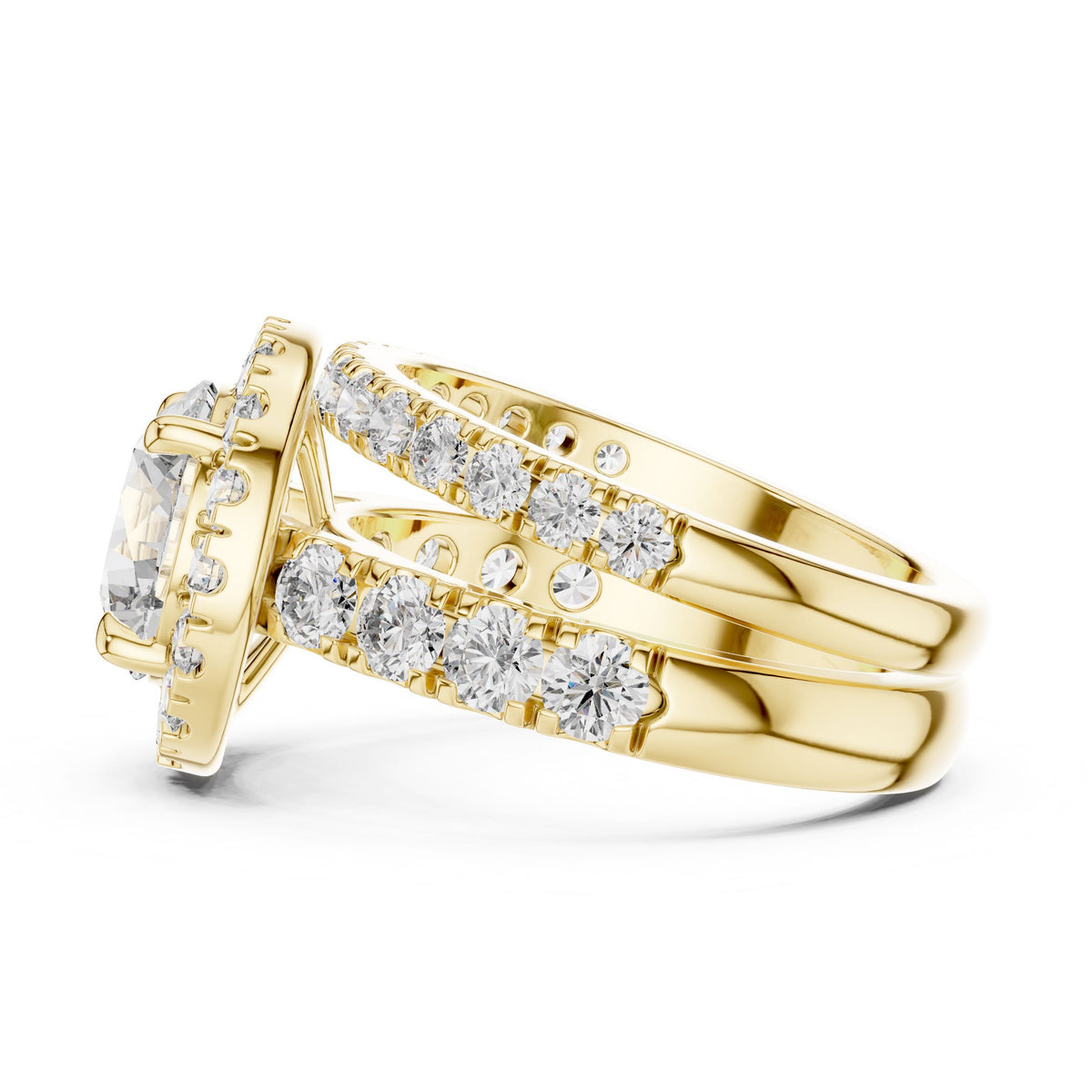 Three-Row Round Diamond Halo Ring with Lab-Grown Diamonds, 10K Gold, Yellow Gold