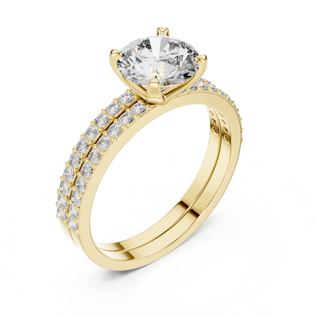 Three-Row Diamond Solitaire Ring with Lab-Grown Diamonds, 14K Gold, Yellow Gold