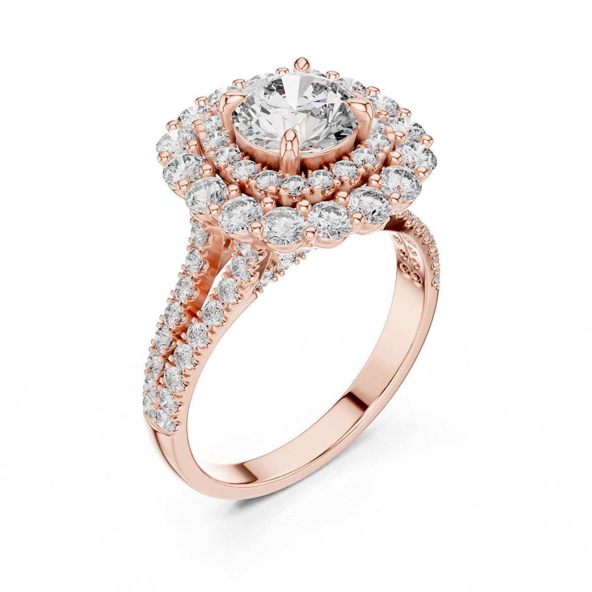 Round Diamond Floral Halo Ring with Lab-Grown Diamonds, 14K Gold, Rose Gold