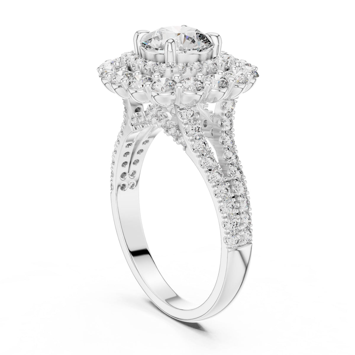 Round Diamond Floral Halo Ring with Lab-Grown Diamonds, 18K Gold, White Gold