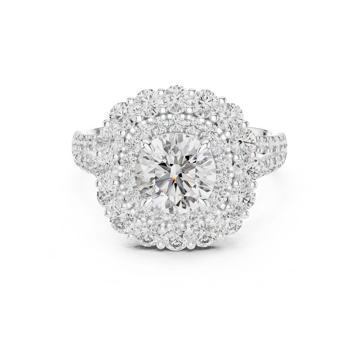 Round Diamond Floral Halo Ring with Lab-Grown Diamonds, Vermil – 925 Silver with 18K Gold Plating, White Gold