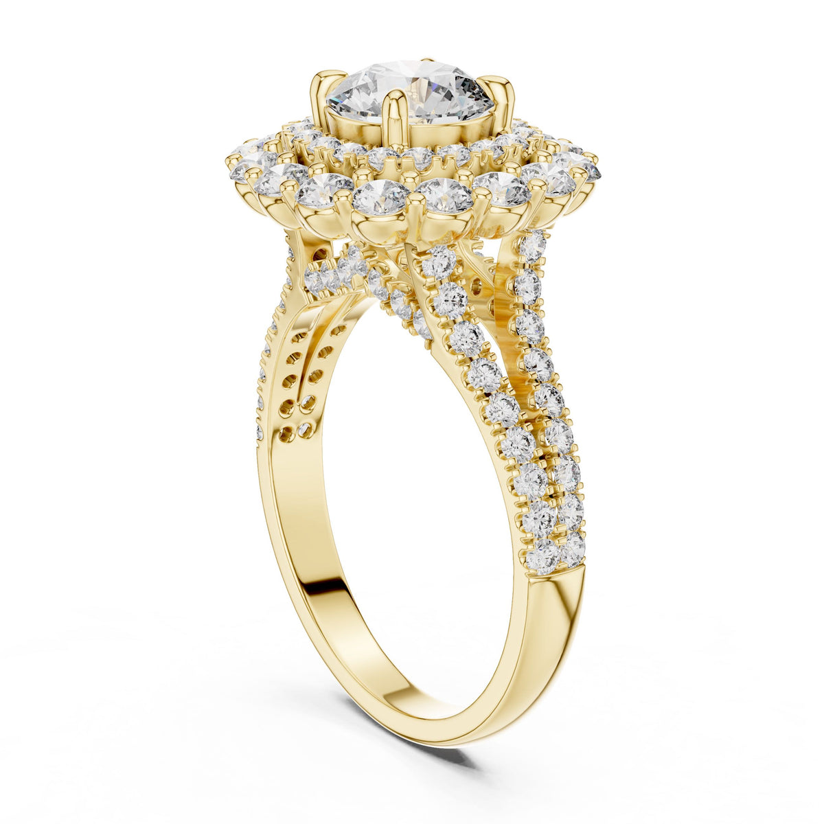 Round Diamond Floral Halo Ring with Lab-Grown Diamonds, 18K Gold, Yellow Gold