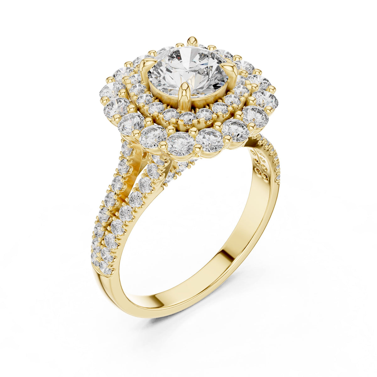 Round Diamond Floral Halo Ring with Lab-Grown Diamonds, 14K Gold, Yellow Gold