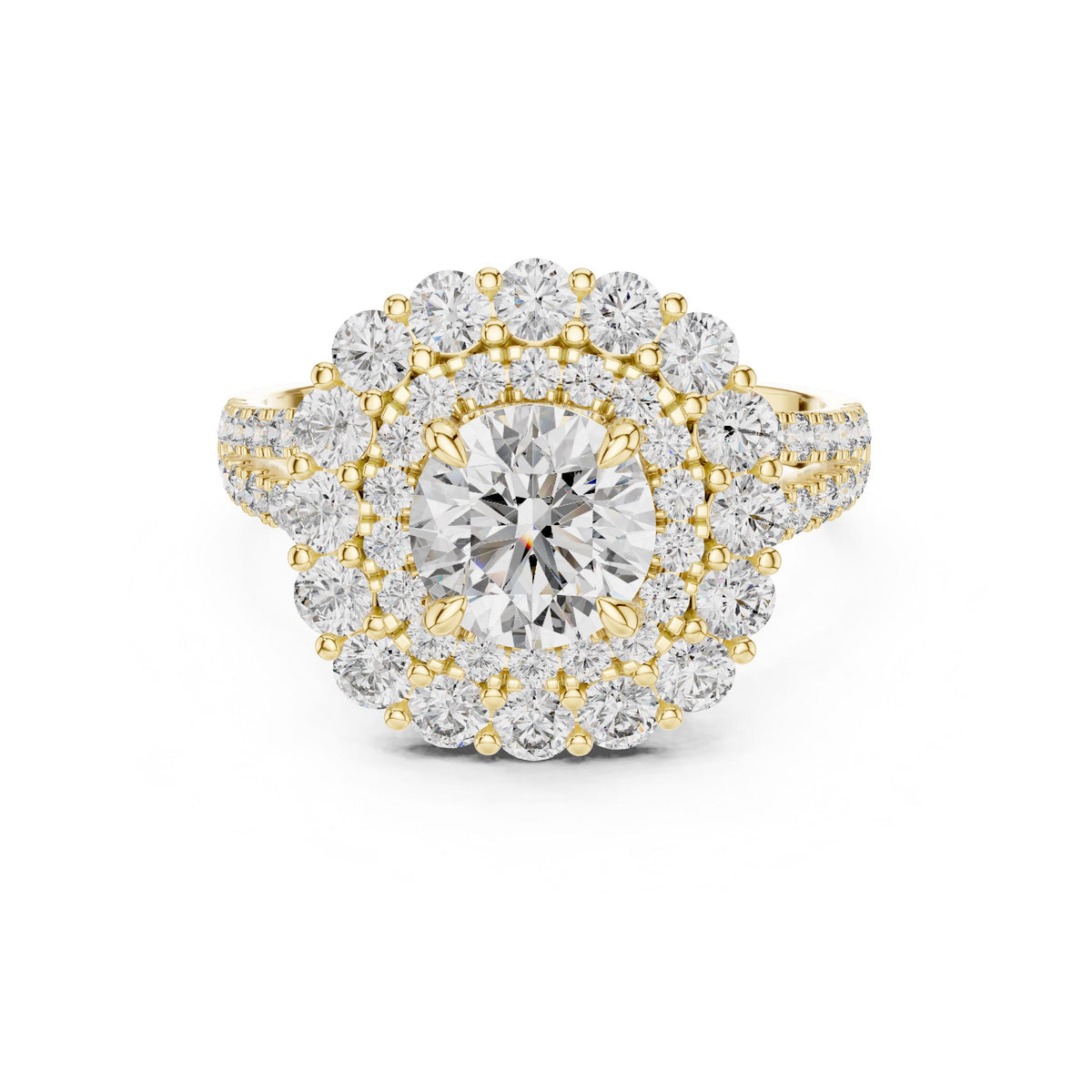 Round Diamond Floral Halo Ring with Lab-Grown Diamonds, Vermil – 925 Silver with 18K Gold Plating, Yellow Gold