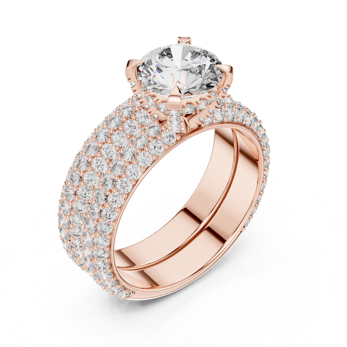 Triple-Row Round Diamond Ring with Lab-Grown Diamonds, 14K Gold, Rose Gold