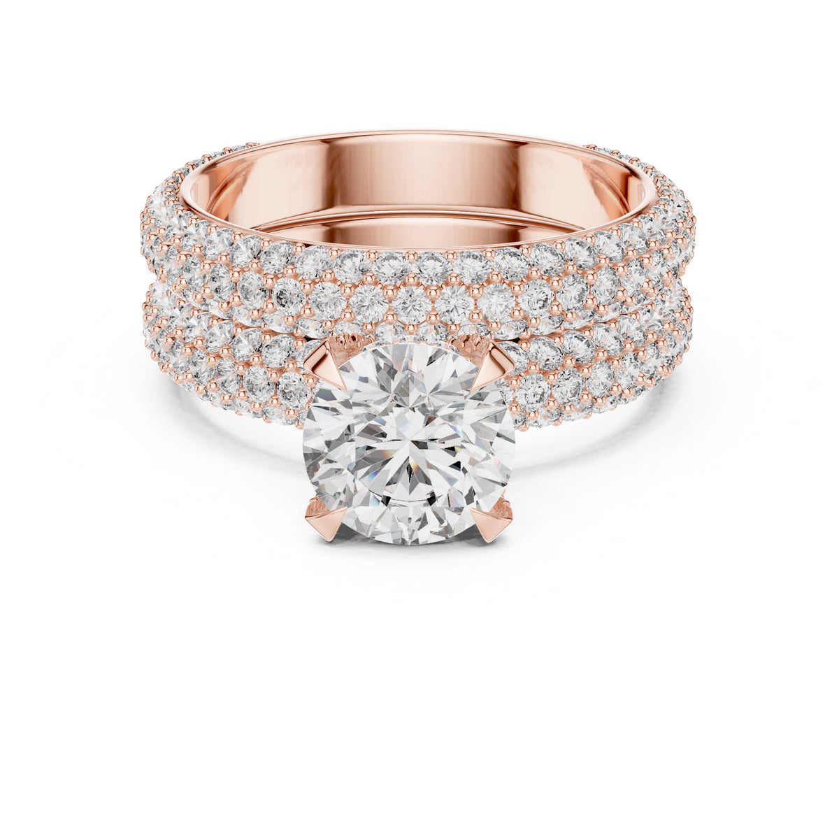 Triple-Row Round Diamond Ring with Lab-Grown Diamonds, Vermil – 925 Silver with 18K Gold Plating, Rose Gold