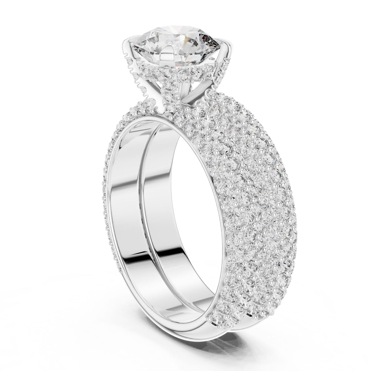 Triple-Row Round Diamond Ring with Lab-Grown Diamonds, 18K Gold, White Gold