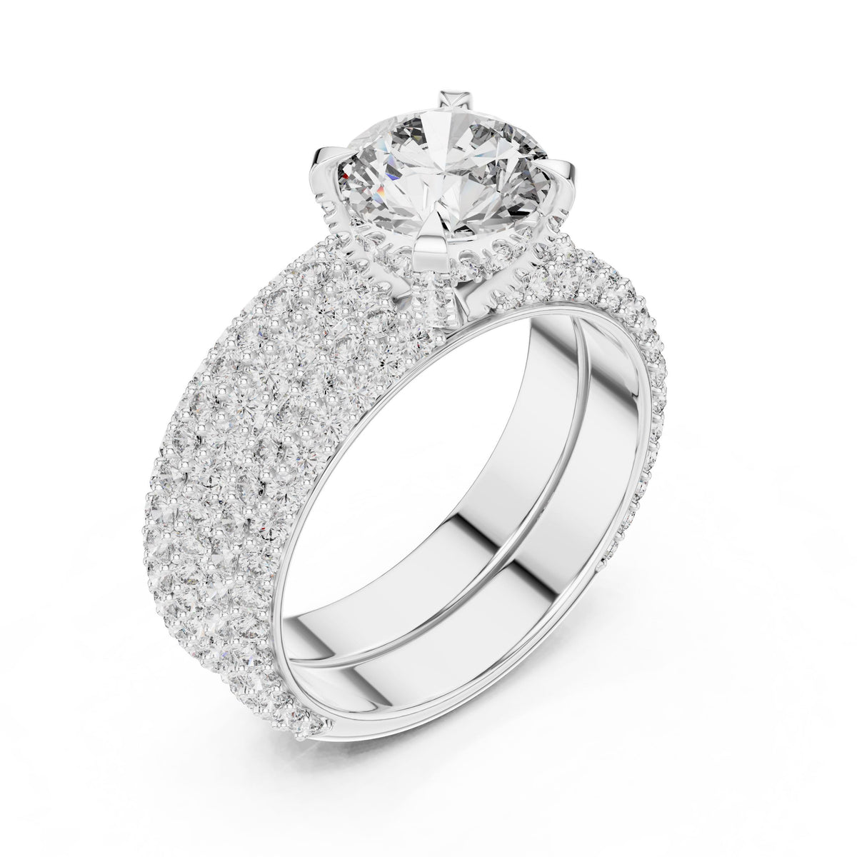Triple-Row Round Diamond Ring with Lab-Grown Diamonds, 14K Gold, White Gold