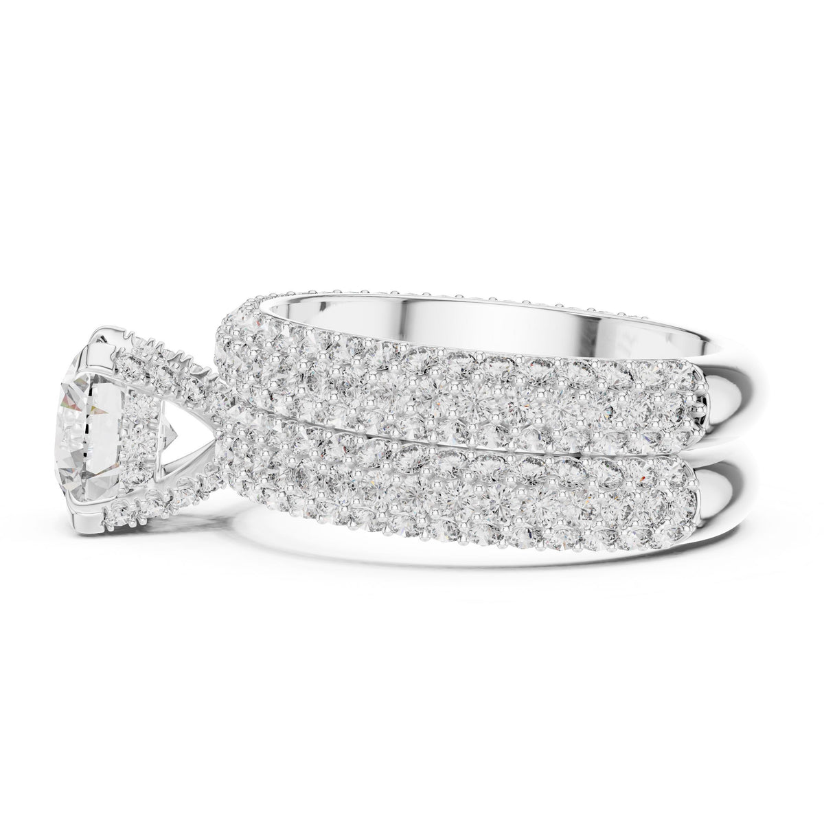 Triple-Row Round Diamond Ring with Lab-Grown Diamonds, 10K Gold, White Gold