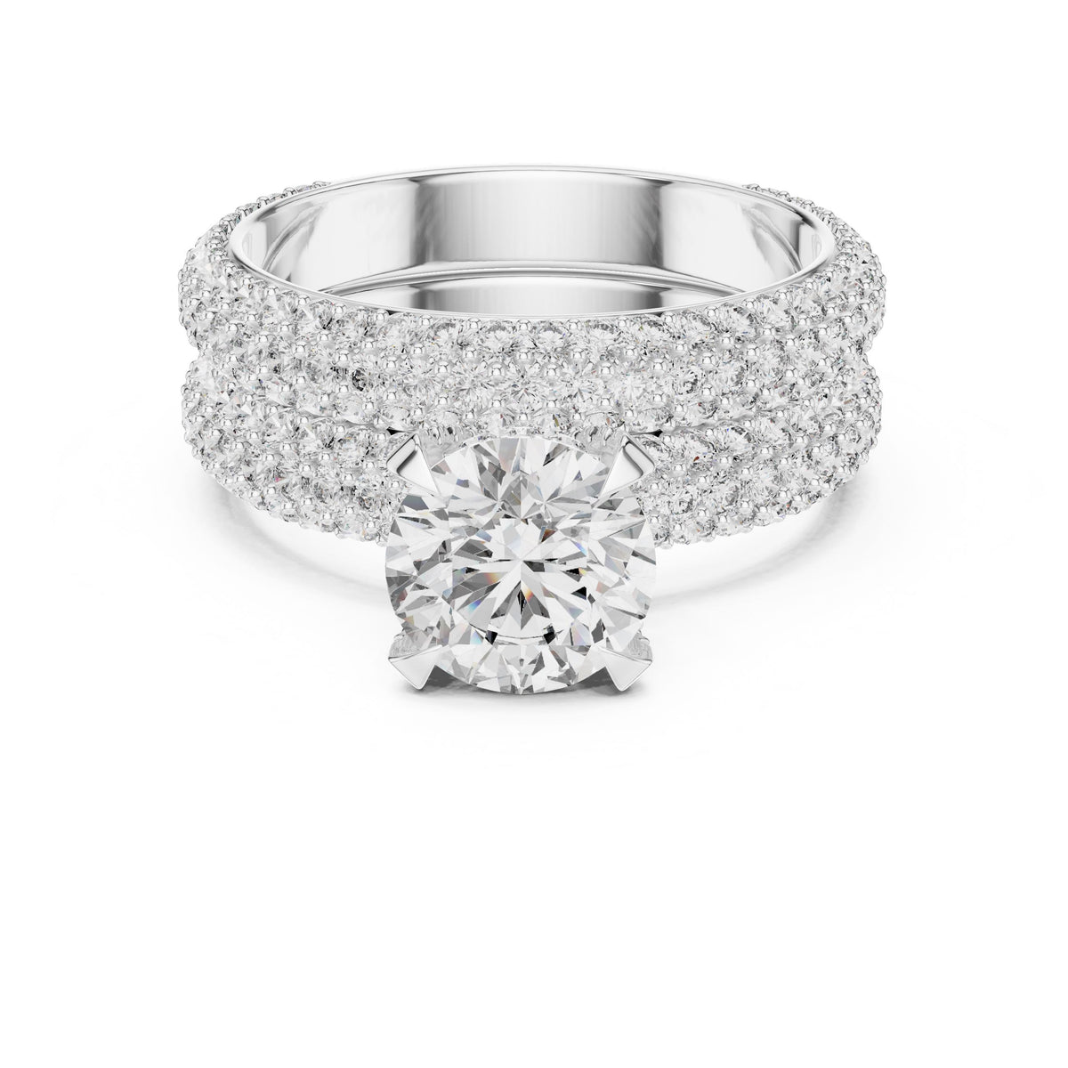 Triple-Row Round Diamond Ring with Lab-Grown Diamonds, Vermil – 925 Silver with 18K Gold Plating, White Gold