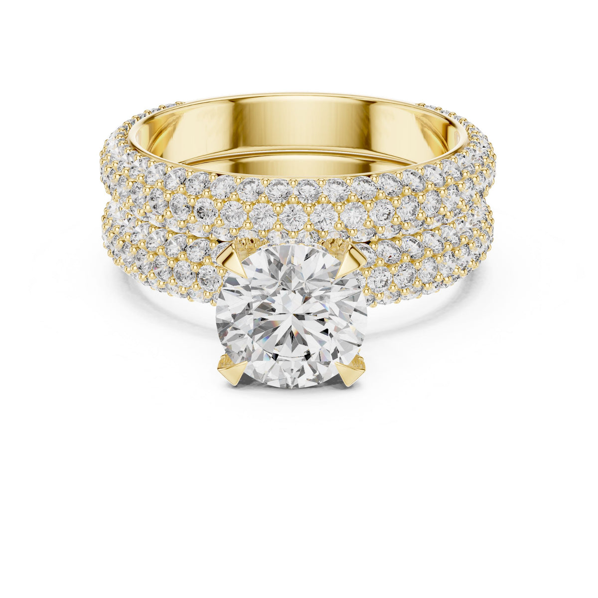 Triple-Row Round Diamond Ring with Lab-Grown Diamonds, Vermil – 925 Silver with 18K Gold Plating, Yellow Gold