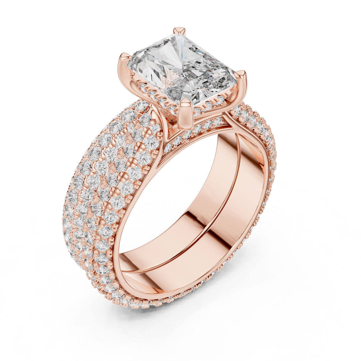 Radiant-Cut Triple-Row Diamond Ring with Lab-Grown Diamonds, 14K Gold, Rose Gold