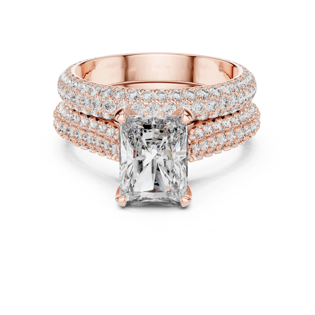 Radiant-Cut Triple-Row Diamond Ring with Lab-Grown Diamonds, Vermil – 925 Silver with 18K Gold Plating, Rose Gold