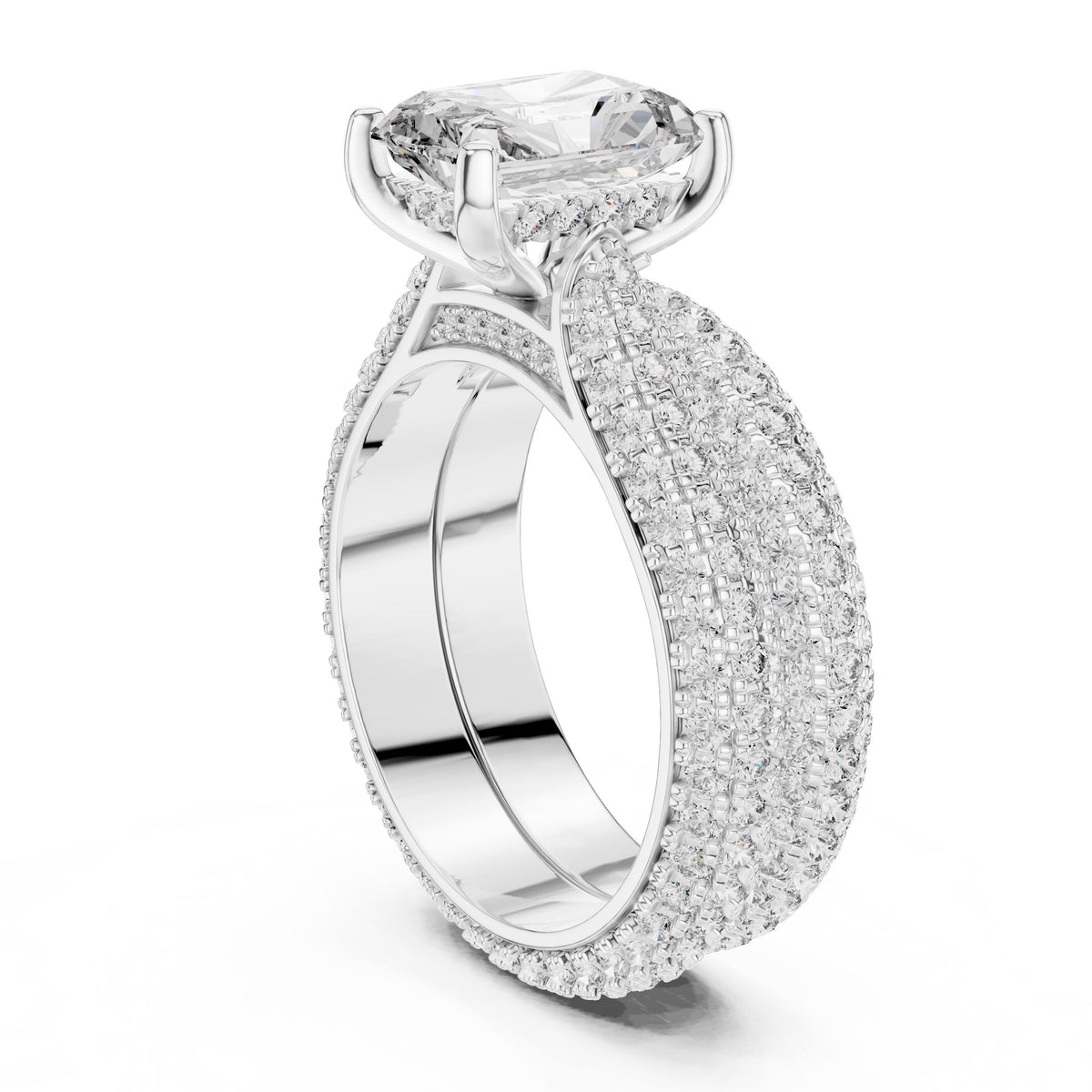 Radiant-Cut Triple-Row Diamond Ring with Lab-Grown Diamonds, 18K Gold, White Gold