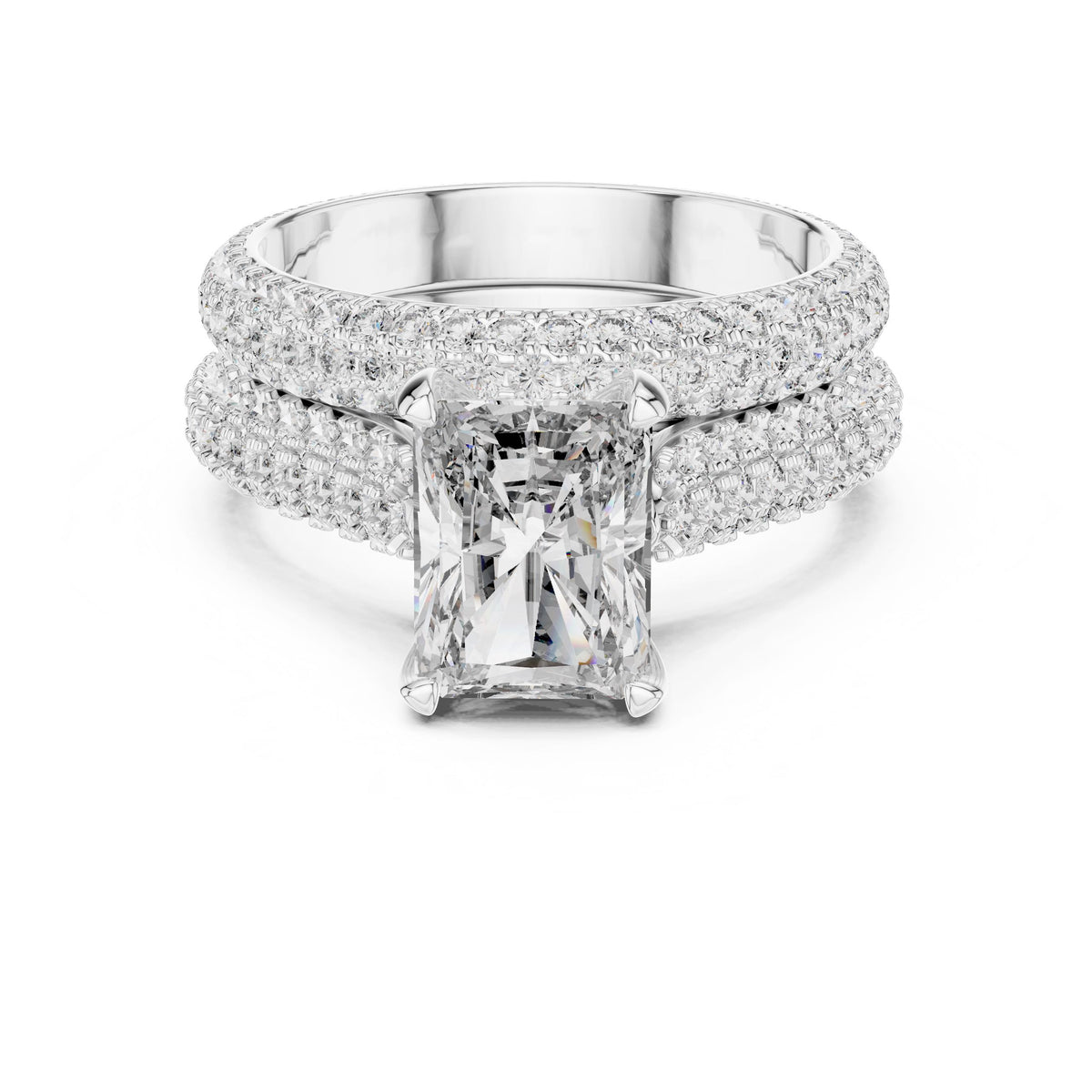 Radiant-Cut Triple-Row Diamond Ring with Lab-Grown Diamonds, Vermil – 925 Silver with 18K Gold Plating, White Gold