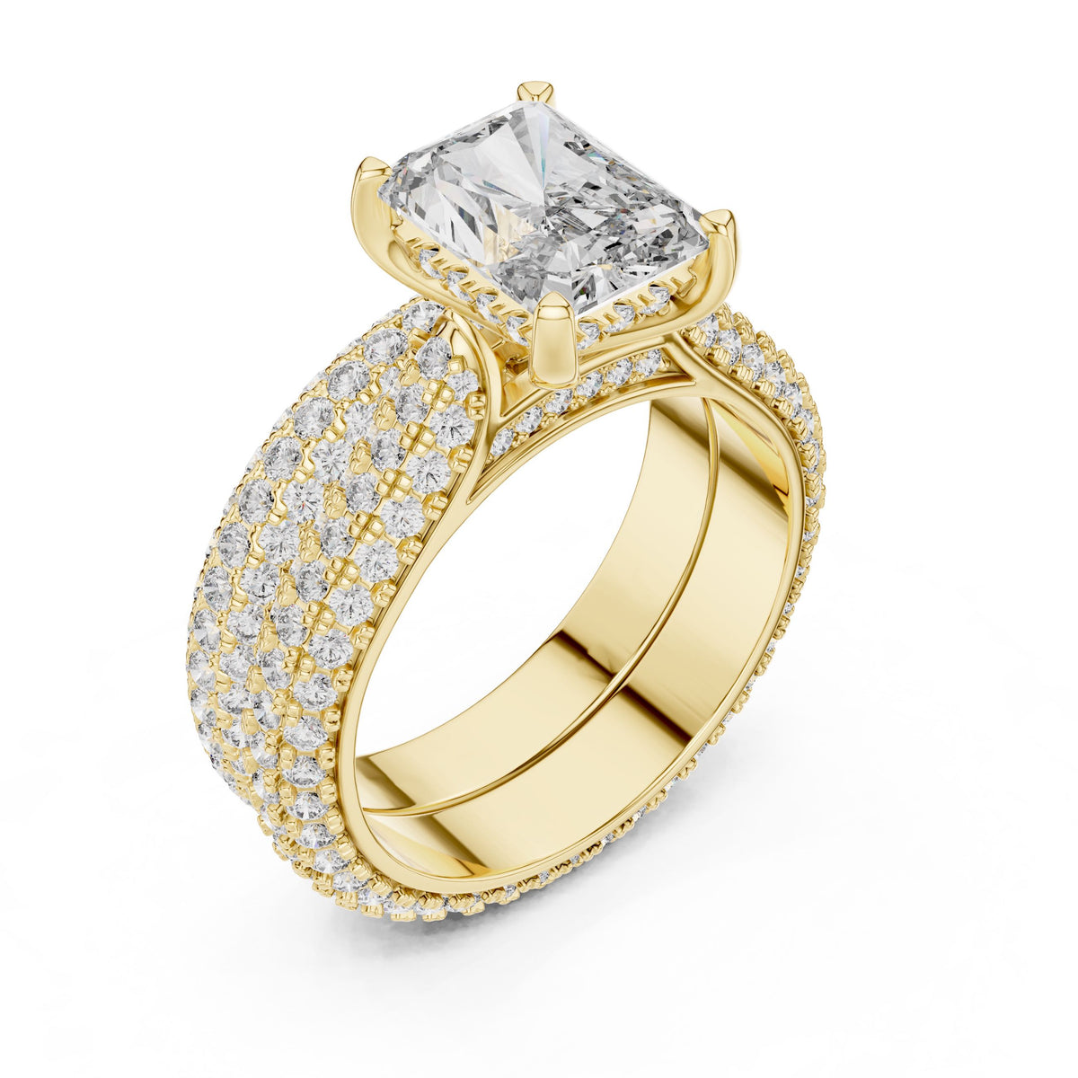 Radiant-Cut Triple-Row Diamond Ring with Lab-Grown Diamonds, 14K Gold, Yellow Gold