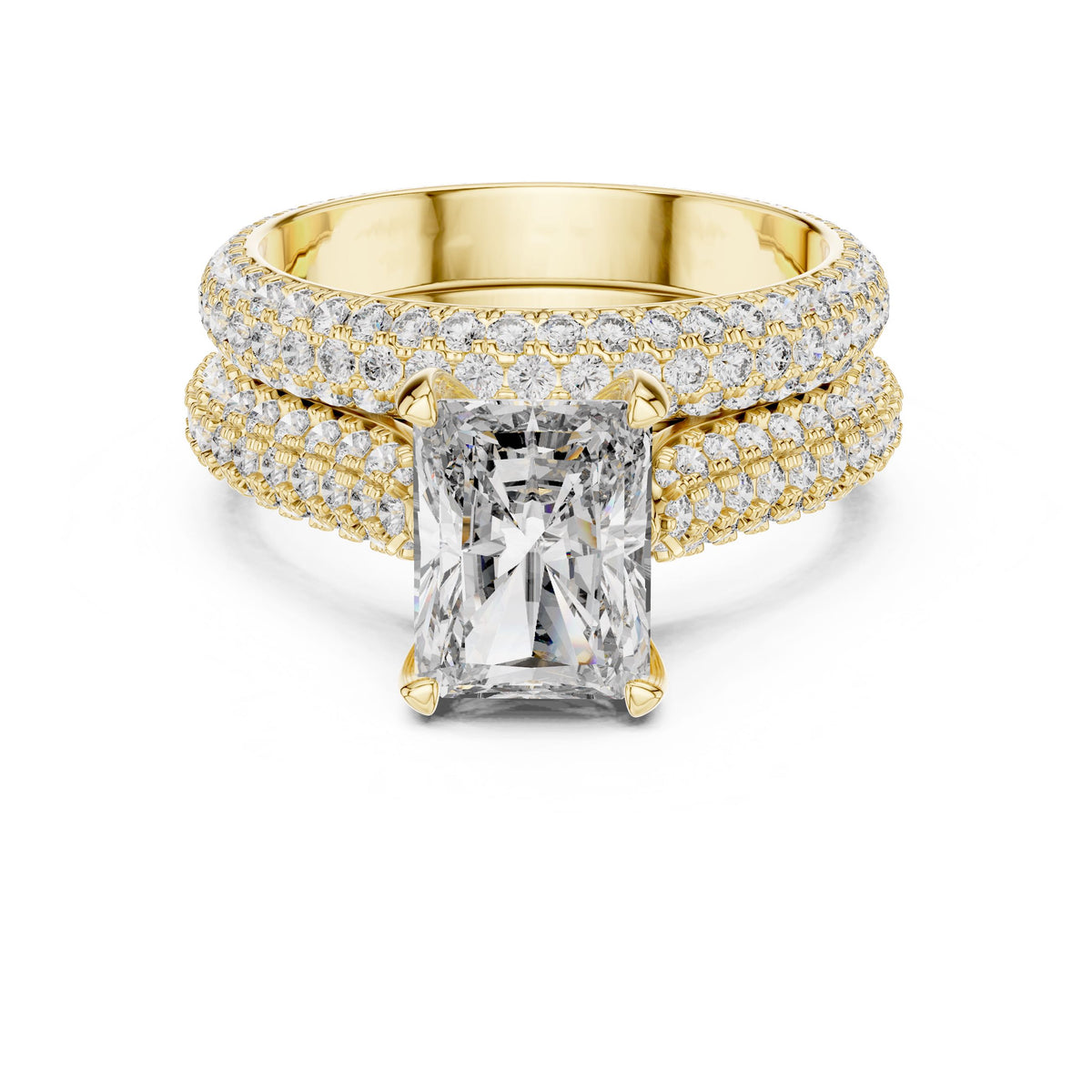 Radiant-Cut Triple-Row Diamond Ring with Lab-Grown Diamonds, Vermil – 925 Silver with 18K Gold Plating, Yellow Gold