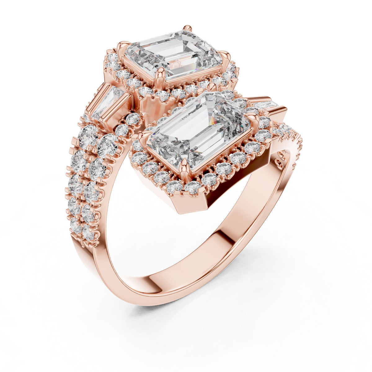Emerald & Baguette Two-Stone Diamond Ring with Lab-Grown Diamonds, 14K Gold, Rose Gold