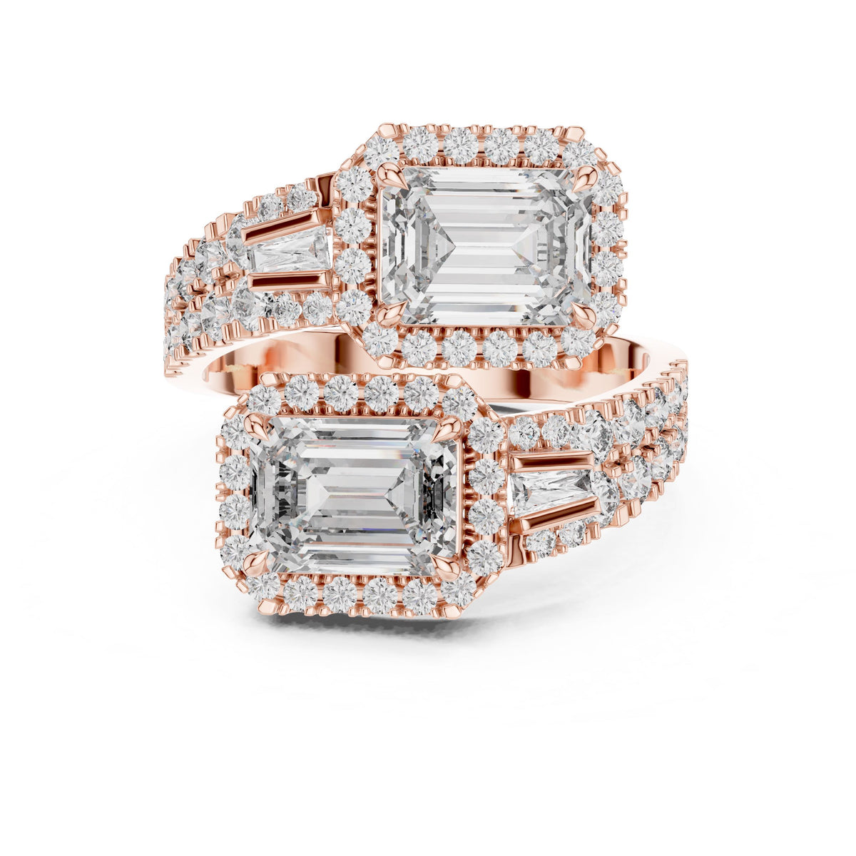 Emerald & Baguette Two-Stone Diamond Ring with Lab-Grown Diamonds, Vermil – 925 Silver with 18K Gold Plating, Rose Gold