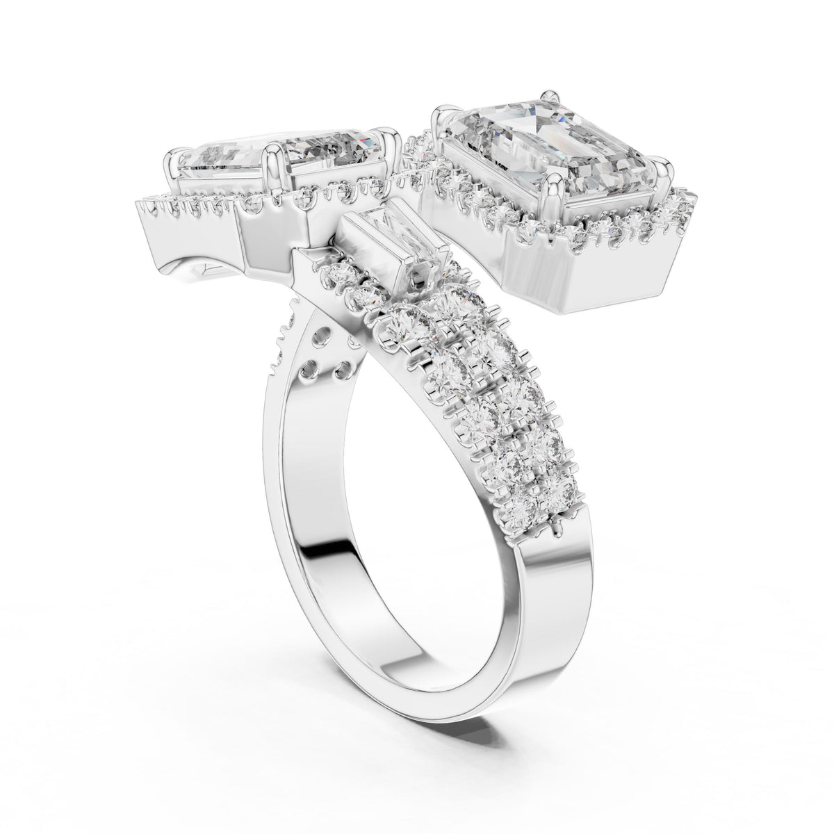 Emerald & Baguette Two-Stone Diamond Ring with Lab-Grown Diamonds, 18K Gold, White Gold