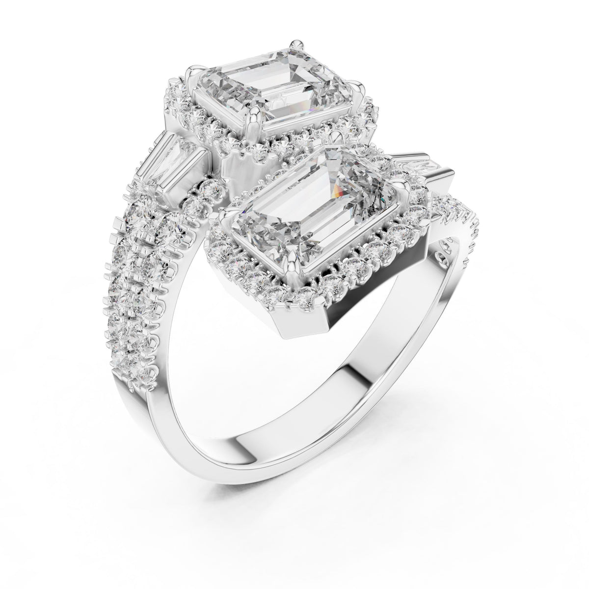 Emerald & Baguette Two-Stone Diamond Ring with Lab-Grown Diamonds, 14K Gold, White Gold