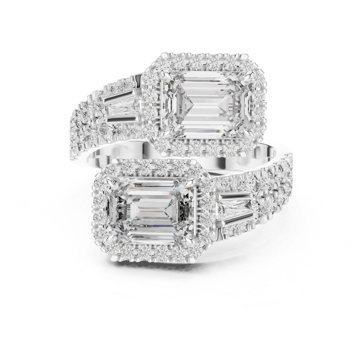 Emerald & Baguette Two-Stone Diamond Ring with Lab-Grown Diamonds, Vermil – 925 Silver with 18K Gold Plating, White Gold