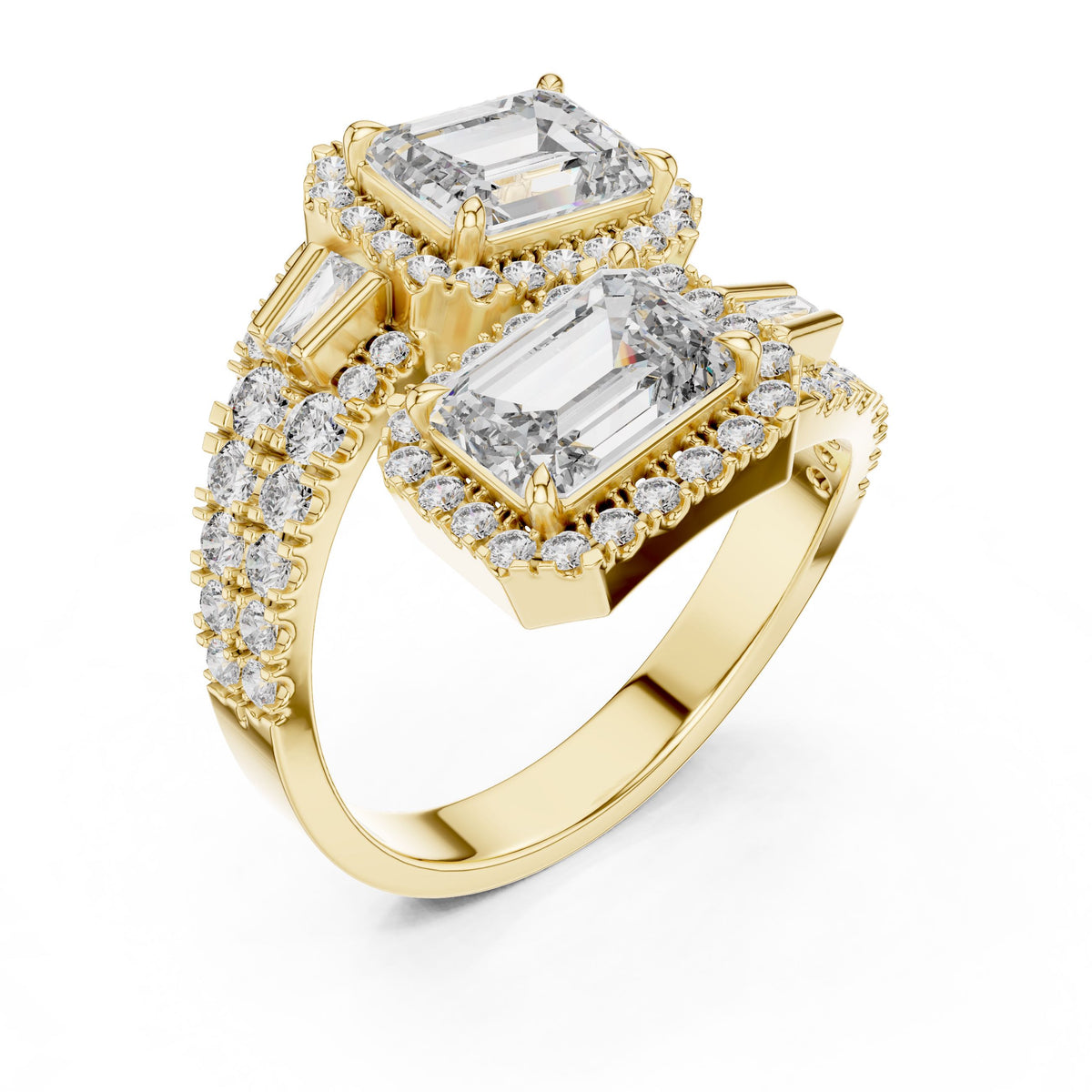 Emerald & Baguette Two-Stone Diamond Ring with Lab-Grown Diamonds, 14K Gold, Yellow Gold