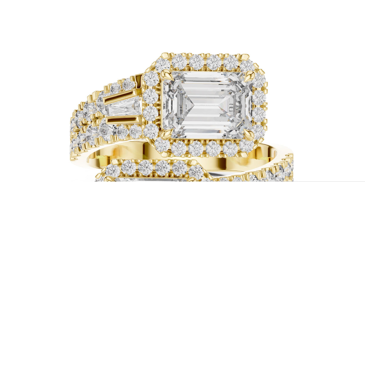Emerald & Baguette Two-Stone Diamond Ring with Lab-Grown Diamonds, Vermil – 925 Silver with 18K Gold Plating, Yellow Gold