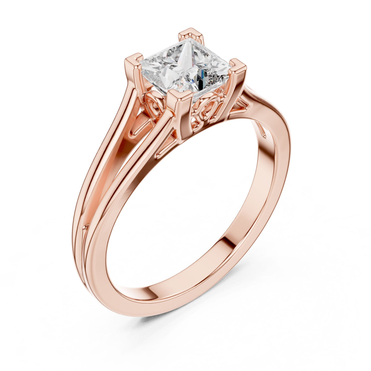 Split-Shank Princess-Cut Diamond Ring with Lab-Grown Diamonds, 14K Gold, Rose Gold