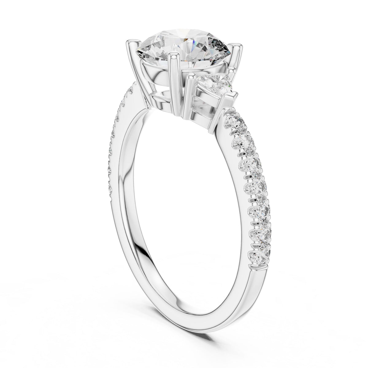 Round & Trillion Three-Stone Diamond Ring with Lab-Grown Diamonds, 18K Gold, White Gold
