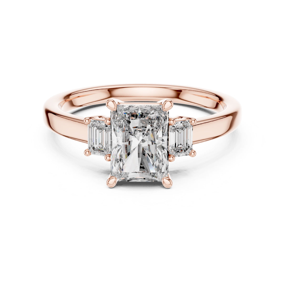 Radiant & Emerald Three-Stone Diamond Ring with Lab-Grown Diamonds, Vermil – 925 Silver with 18K Gold Plating, Rose Gold