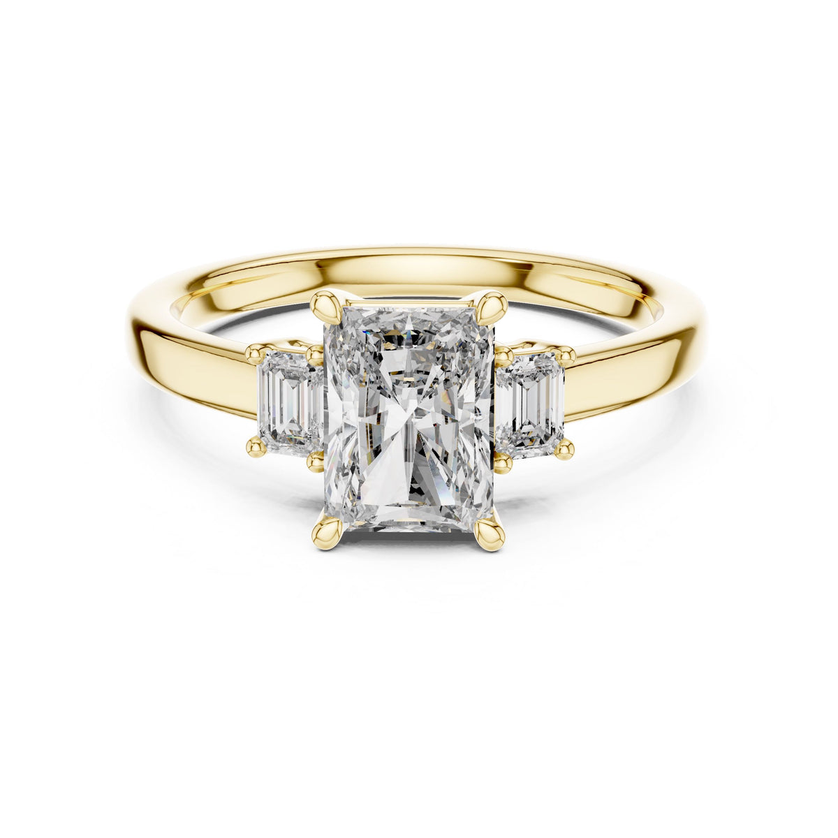 Radiant & Emerald Three-Stone Diamond Ring with Lab-Grown Diamonds, Vermil – 925 Silver with 18K Gold Plating, Yellow Gold