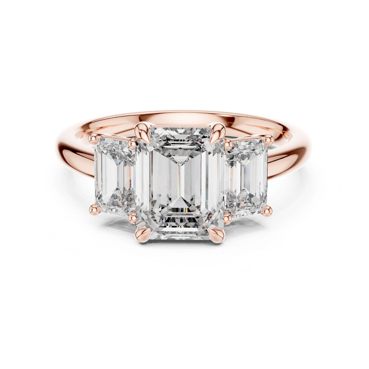 Emerald-Cut Three-Stone Diamond Ring with Lab-Grown Diamonds, Vermil – 925 Silver with 18K Gold Plating, Rose Gold