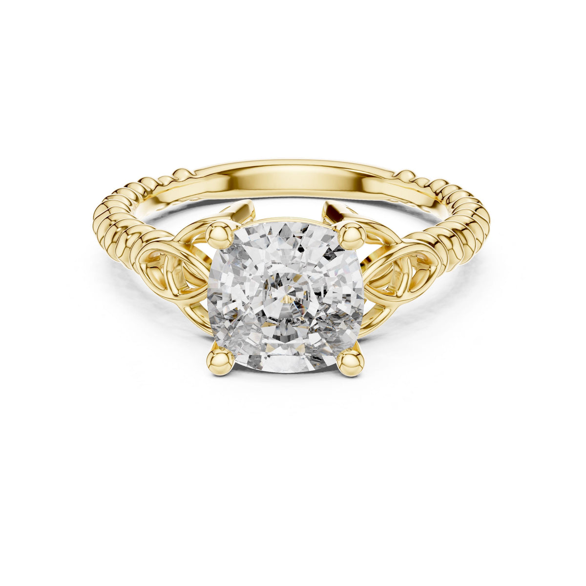 Twisted-Band Cushion Solitaire Ring with Lab-Grown Diamonds, Vermil – 925 Silver with 18K Gold Plating, Yellow Gold