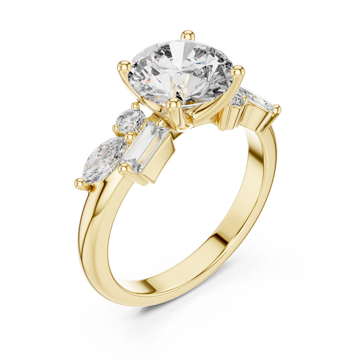 Mixed-Cut Diamond Solitaire Ring with Lab-Grown Diamonds, 14K Gold, Yellow Gold
